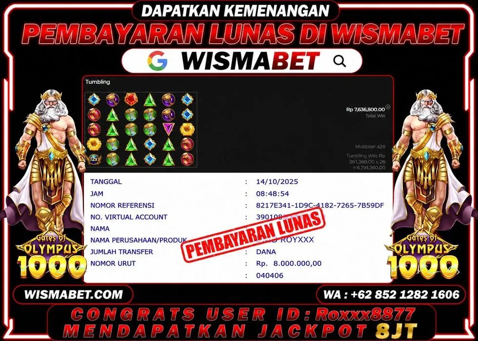 Wismabet - BUKTI KEMENANGAN Gates Of Olympus 1000x Rp8,000,000,- LUNAS